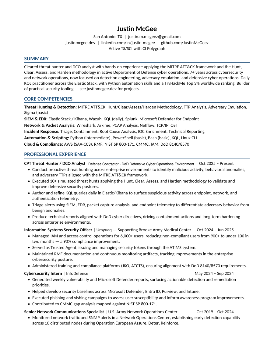 Preview of Justin McGee resume page 1